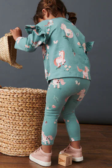 |Niña| Leggings de punto estampado - Unicornio verde (3 meses a 7 años)