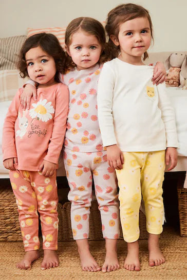 |Niña| Pack de 3 pijamas de flores de conejo rosa/amarillo (de 9 meses a 8 años)