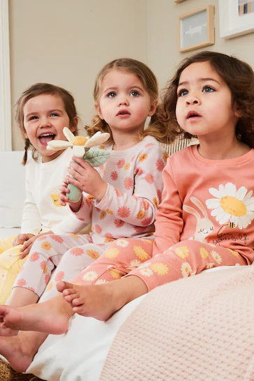 |Niña| Pack de 3 pijamas de flores de conejo rosa/amarillo (de 9 meses a 8 años)