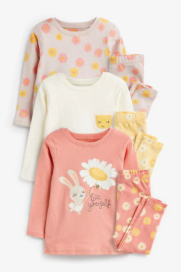 |Niña| Pack de 3 pijamas de flores de conejo rosa/amarillo (de 9 meses a 8 años)