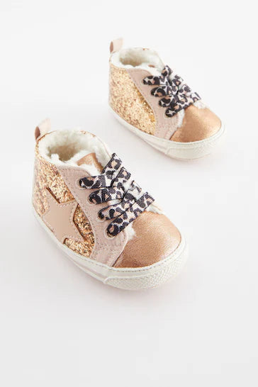 |BabyGirl| Tênis de bebê de cano alto - Gold Glitter (0-24 meses)