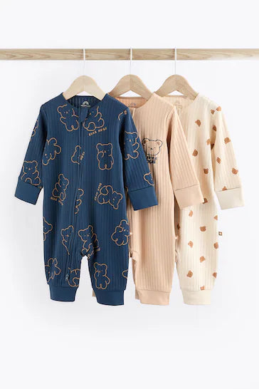 |BabyBoy| Conjunto De 3 Macacões Para Bebê Com Zíper 100% Algodão Sem Pés – Urso Marinho/castanho (0 meses a 3 anos)