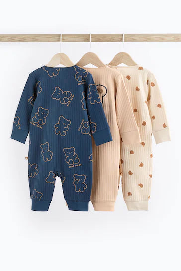 |BabyBoy| Conjunto De 3 Macacões Para Bebê Com Zíper 100% Algodão Sem Pés – Urso Marinho/castanho (0 meses a 3 anos)