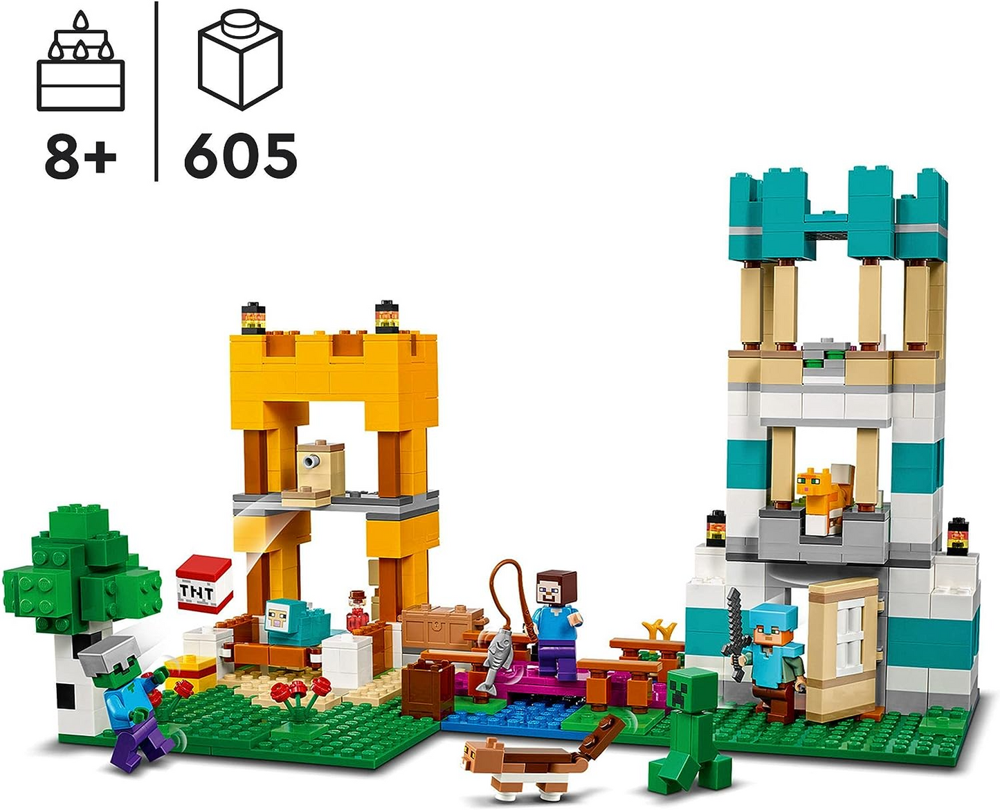 LEGO 21249 Minecraft The Crafting Box 4.0, Playset 2 em 1; Construa River Towers ou Cat Cottage, com Alex, Steve, Creeper e Zombie Mobs Figures, Action Toys for Kids, Boys, Girls