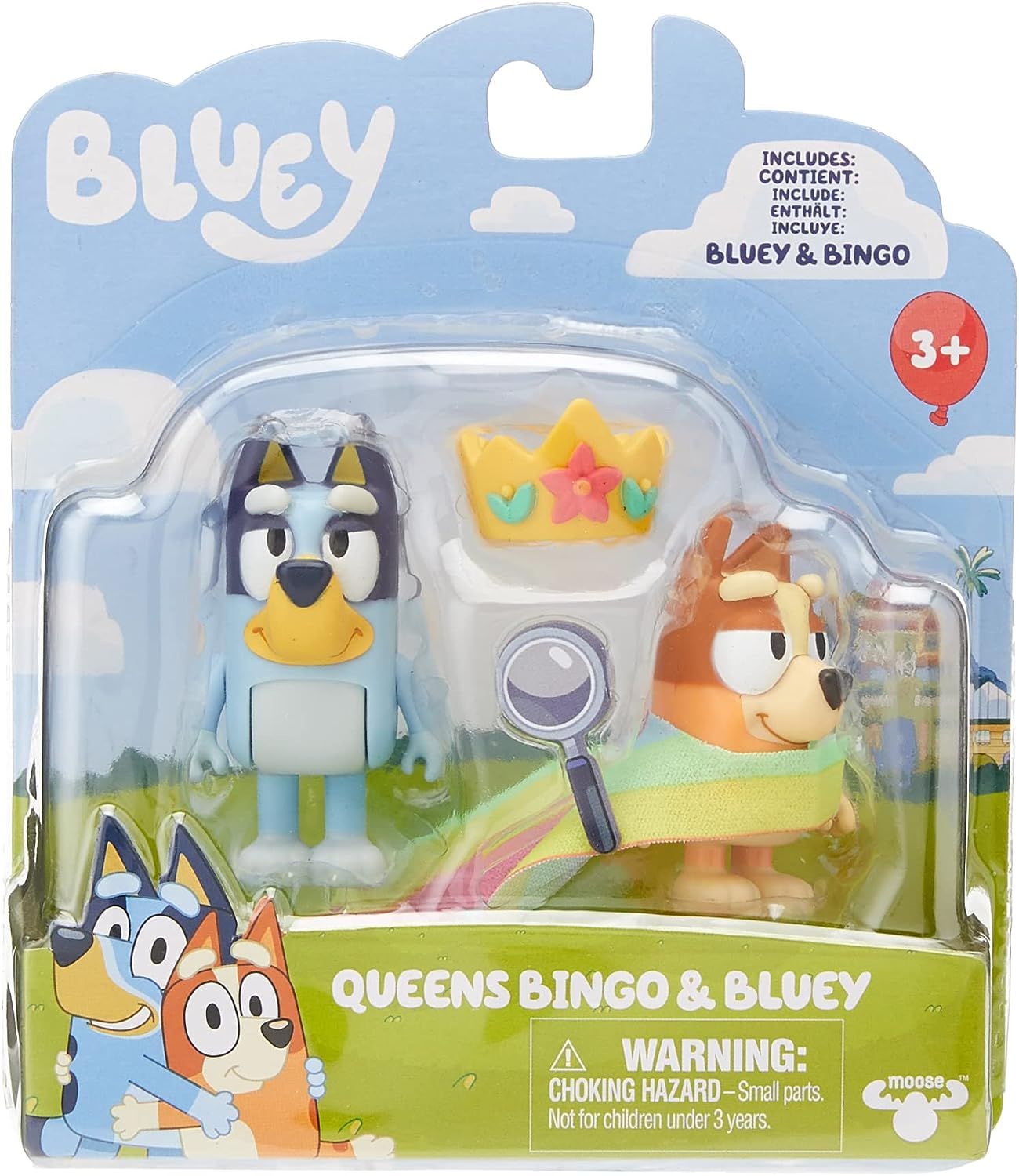 Bluey  Conjunto oficial de personagens colecionáveis do Queens com 2 figuras apresentando Bluey e Bingo com capa Queen Rainbow e acessórios de coroa