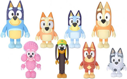 Akedo Pacote de 8 figuras da família e amigos Bluey: bonecos de ação articulados de 2,5 polegadas; Bluey, Bingo, Bandit (pai), Chilli (mamãe), Coco, Snickers, Rusty e Muffin Brinquedo oficial colecionável