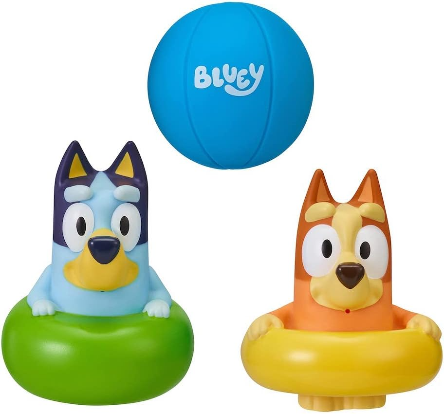 Bluey Brinquedo oficial para esguichos de banho com 3 pacotes com Bluey, Bingo e bola