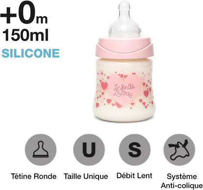 SUAVINEX Conjunto para recém-nascidos, 2 mamadeiras 270 ml + mamadeira 150 ml + biberão 150 ml com pegas + chupeta fisiológica -2-4 meses com tetina de silicone, cor: branco