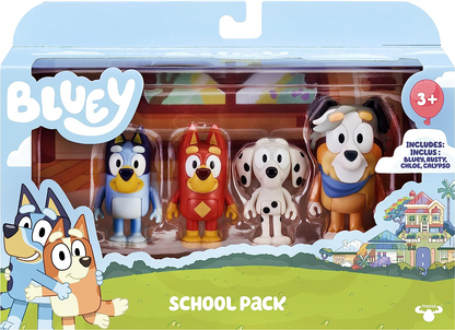 Bluey Pacote de 4 colegas de escola; Figuras de ação colecionáveis oficiais do Bluey de 2,5 a 3 polegadas, incluindo Jack, Pretzel e Mackenzie com seus próprios acessórios para lancheira