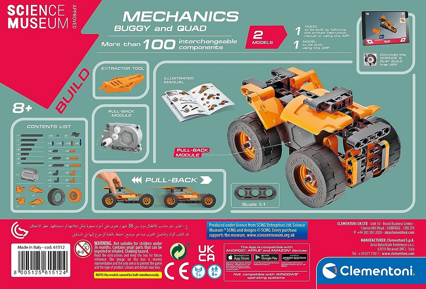 Clementoni 61382 Science Museum Mechanics-Juego de construcción de buggy y cuádruple, kit de ciencia para niños de 8 años, juguetes STEM, versión en inglés, fabricado en Italia, multicolor