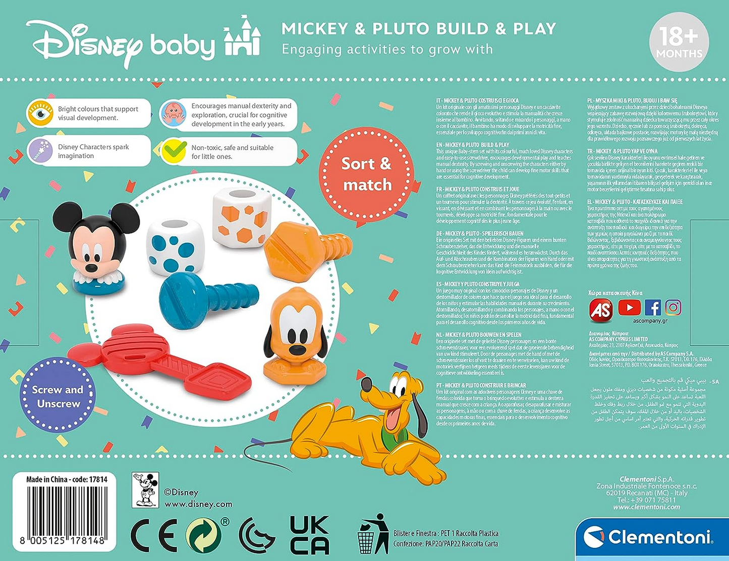 Clementoni 17814 Construa e jogue Disney Mickey Development & Activity, Empilhamento educacional, Infantil, Aprendizagem sensorial, Criança de 18 meses, Brinquedos para primeiros anos, Fabricado na Itália, Multilíngue