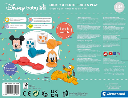 Clementoni 17814 Construa e jogue Disney Mickey Development & Activity, Empilhamento educacional, Infantil, Aprendizagem sensorial, Criança de 18 meses, Brinquedos para primeiros anos, Fabricado na Itália, Multilíngue