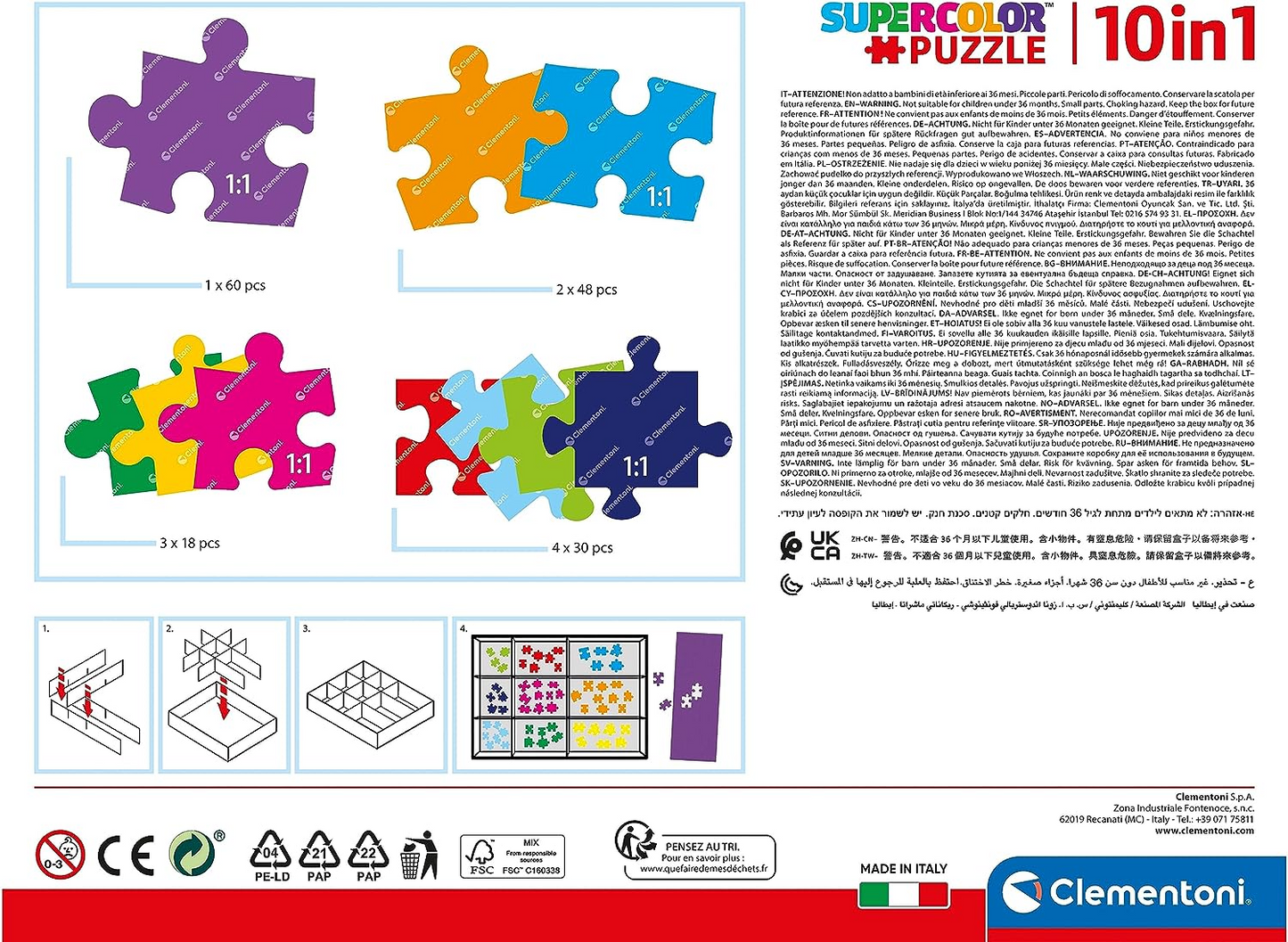 Clementoni 20271 18+30+48+60pzs Supercolor 10 en 1 Peppa Pig (3x18, 4x30, 2x48 y 1x60 piezas) - Puzzle para niños a partir de 4 años, multicolor, mediano