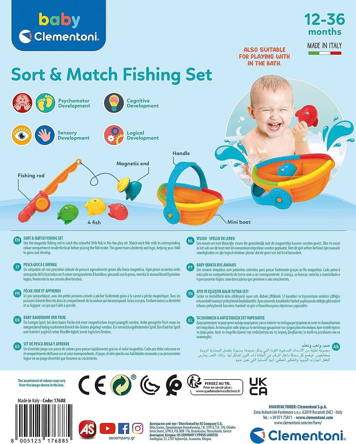 Clementoni  17688 Fishing-Early, Infant, Activity 1 Year Olds, Floating Bath Toy for Kids, Made in Italy, Multi-Colored, Medio