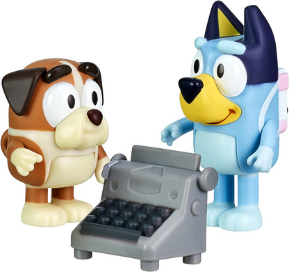 Bluey e Winton School Friends 2 pacotes oficiais de figuras de ação de personagens colecionáveis de 2,5-3 polegadas com acessório de máquina de escrever