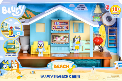 Bluey Playset de cabana de praia, com figura exclusiva de Bluey com óculos de proteção. Inclui 10 peças de jogo e folha de adesivos