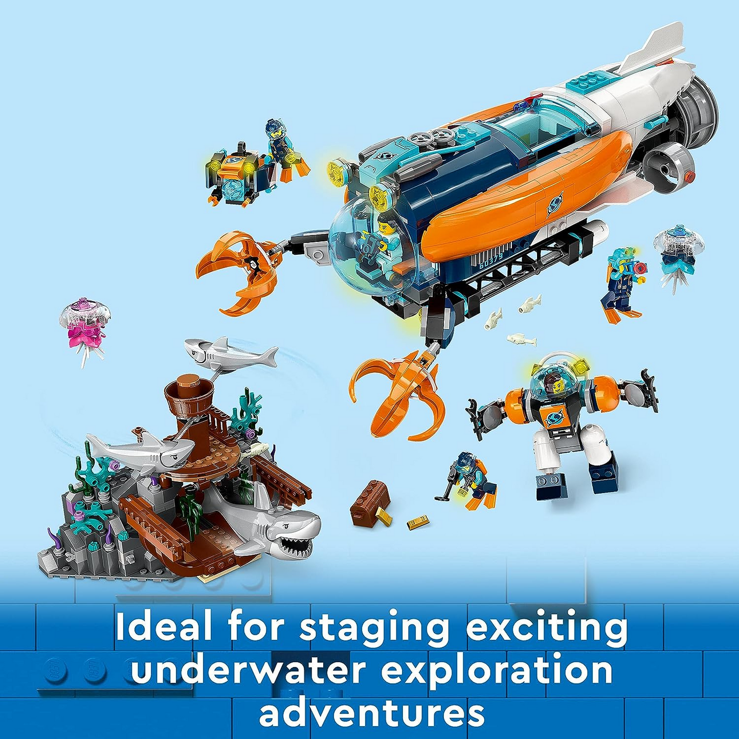 LEGO  60379 Brinquedo Submarino City Deep-Sea Explorer, Conjunto Oceano Subaquático com Drone, Figuras de Tubarão, Naufrágio e Minifiguras de Mergulhador, Presente de Aniversário para Crianças, Meninos e Meninas com mais de 7 anos