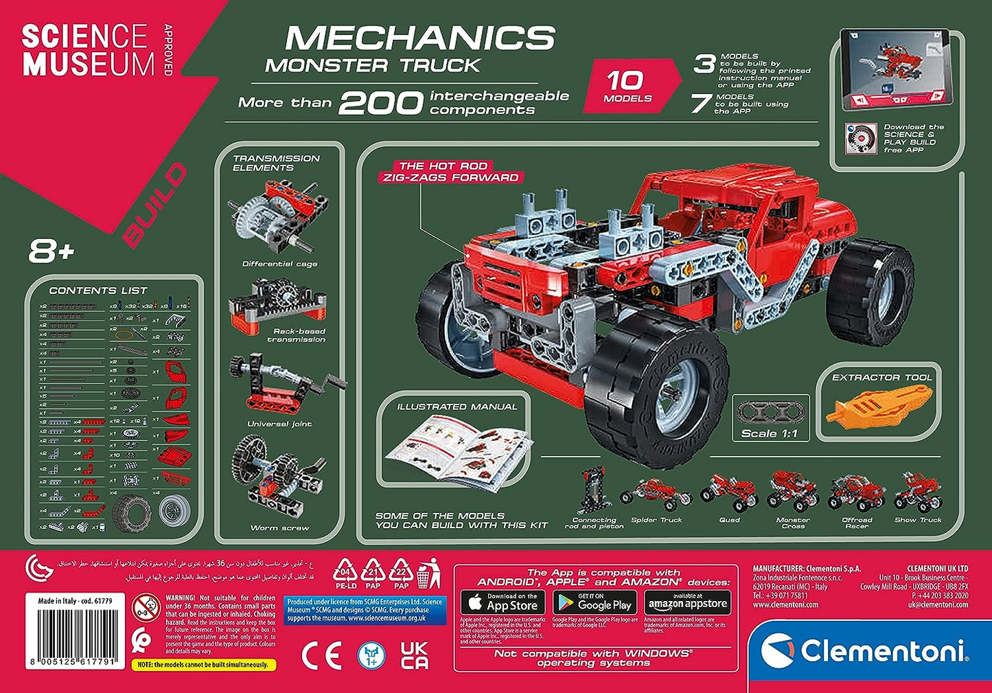 Clementoni 61375 Science Museum Juego de construcción de equipos mecánicos y agrícolas, kit de ciencia para niños a partir de 8 años, juguetes STEM, versión en inglés fabricado en Italia, multicolor