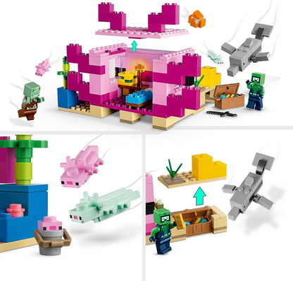 LEGO 21247 Minecraft The Axolotl House Set, base subaquática montável com Diver Explorer, figuras de zumbis e golfinhos e baiacu, brinquedos de aventura para crianças, meninas, meninos com mais de 7 anos