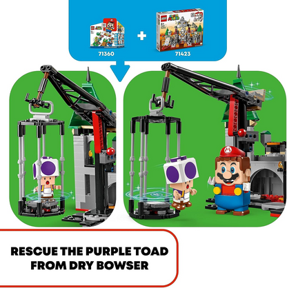 LEGO 71423 Super Mario Dry Bowser Castle Battle Expansion Set com 5 personagens, incluindo Purple Toad, Bone Piranha Plant e Goomba Figures, brinquedo montável para crianças, meninos, meninas com mais de 8 anos