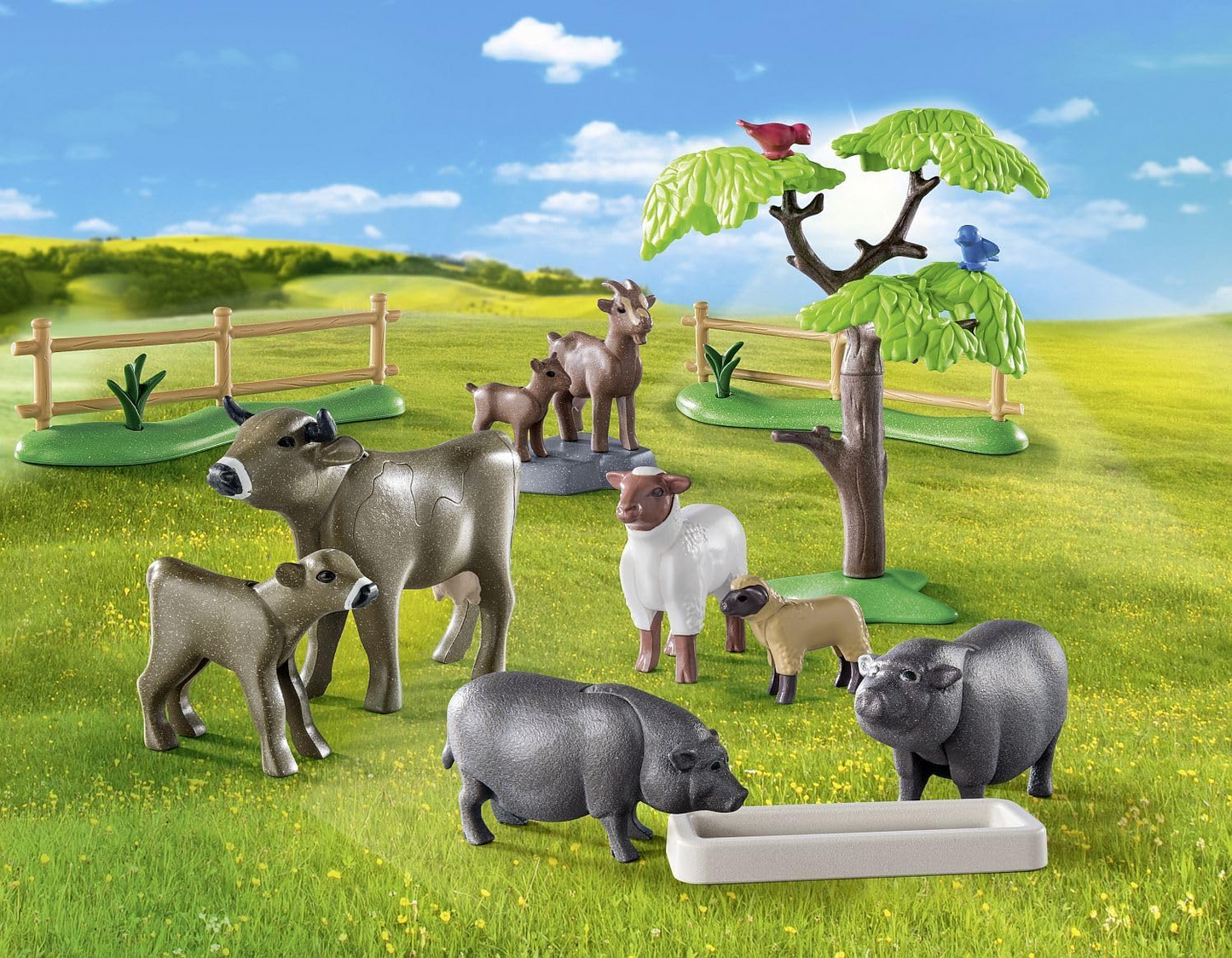 Playmobil  71307 Conjunto de animais rurais com paddock, com animais de fazenda cuidadosamente projetados, como vacas, cabras, ovelhas e porcos barrigudos, dramatizações divertidas e imaginativas, conjuntos de jogos adequados para crianças de 4 anos ou