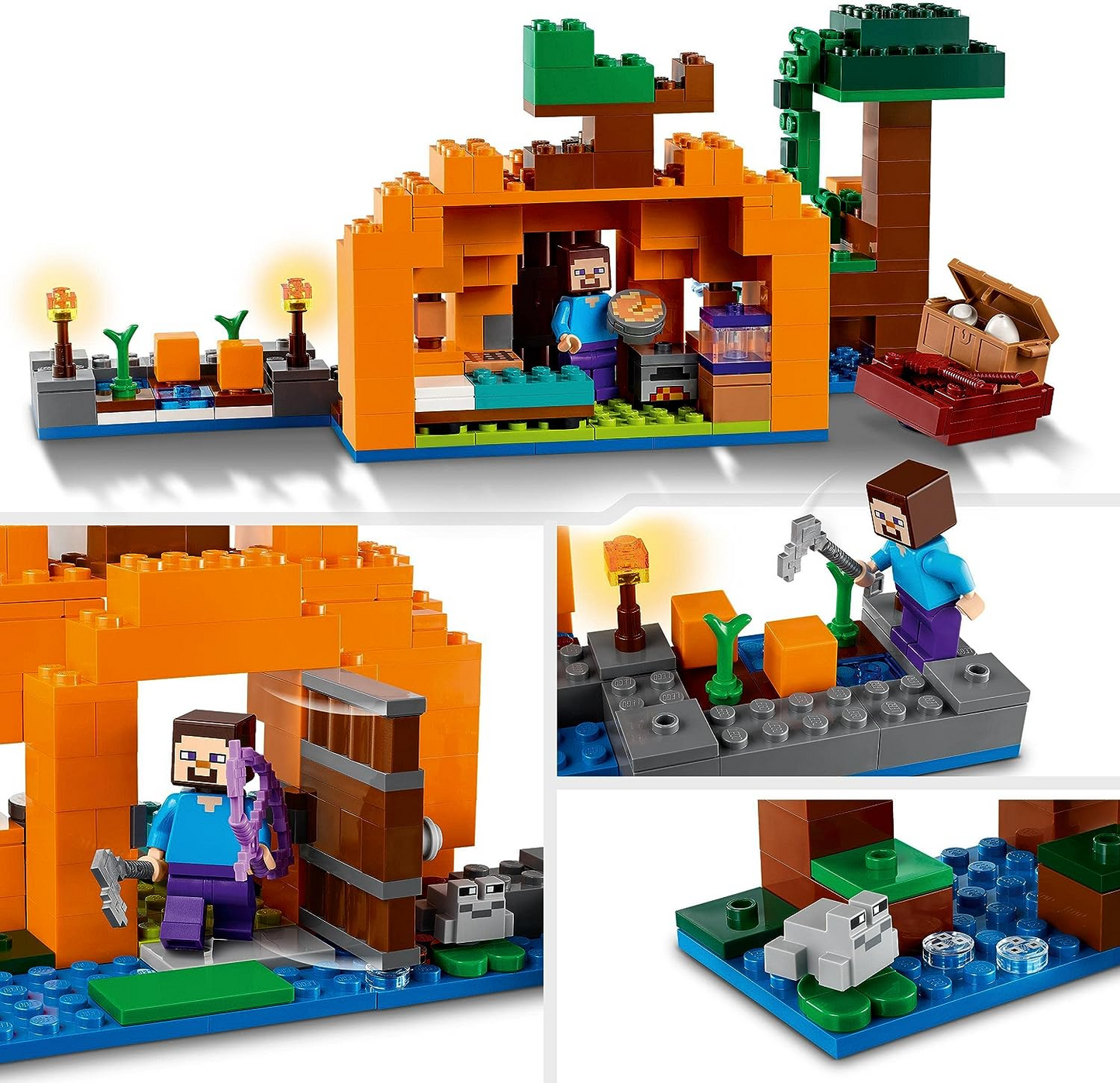 LEGO 21248 Minecraft The Pumpkin Farm Set, casa de brinquedo montável com sapo, barco, baú do tesouro e figuras de Steve e bruxa, brinquedos de ação do bioma do pântano, presente para crianças, meninos, meninas