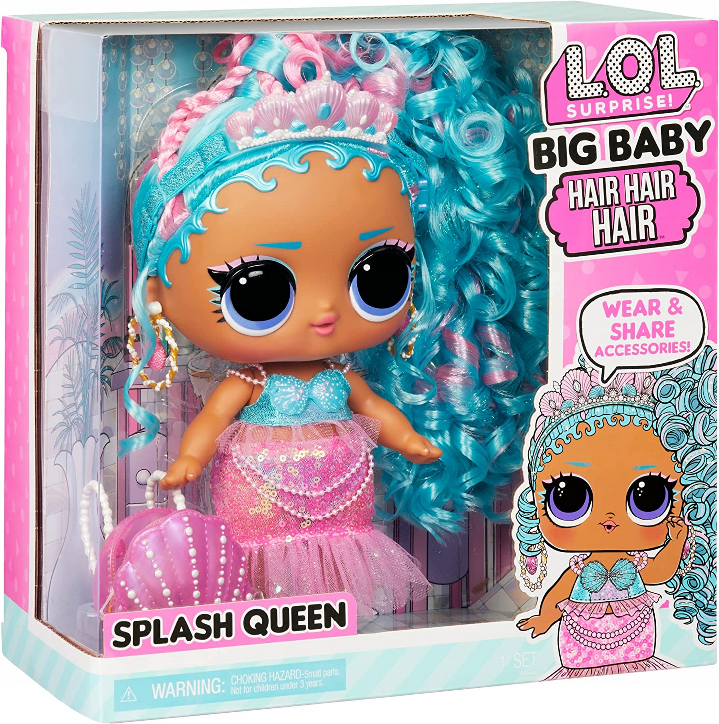 L.O.L. Surprise!   Big Baby Hair Hair Hair Boneca grande - SPLASH QUEEN - Boneca de 11"/27,94 cm com 14 surpresas, incluindo acessórios compartilháveis e cabelo real - Adequado para crianças e colecionadores de 4 anos ou mais