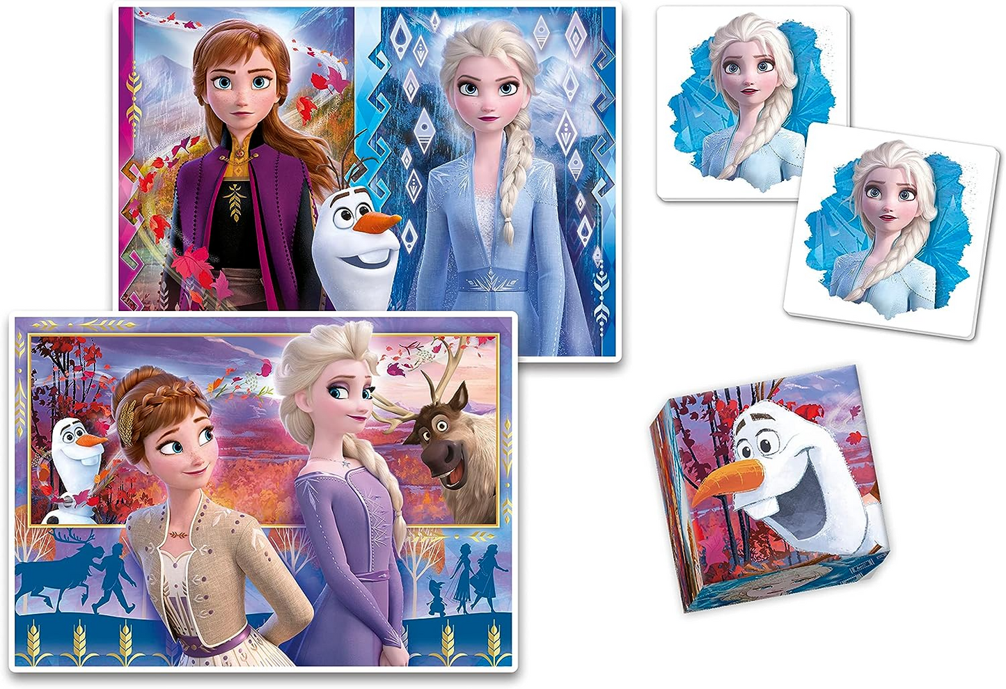 Clementoni - 18292 - Edukit 4 em 1 Disney Frozen (quebra-cabeça de 30 e 48 peças, memorando e seis cubos), quebra-cabeça infantil, jogos de memorando, jogos de cartas para crianças de 4 anos, fabricado na Itália