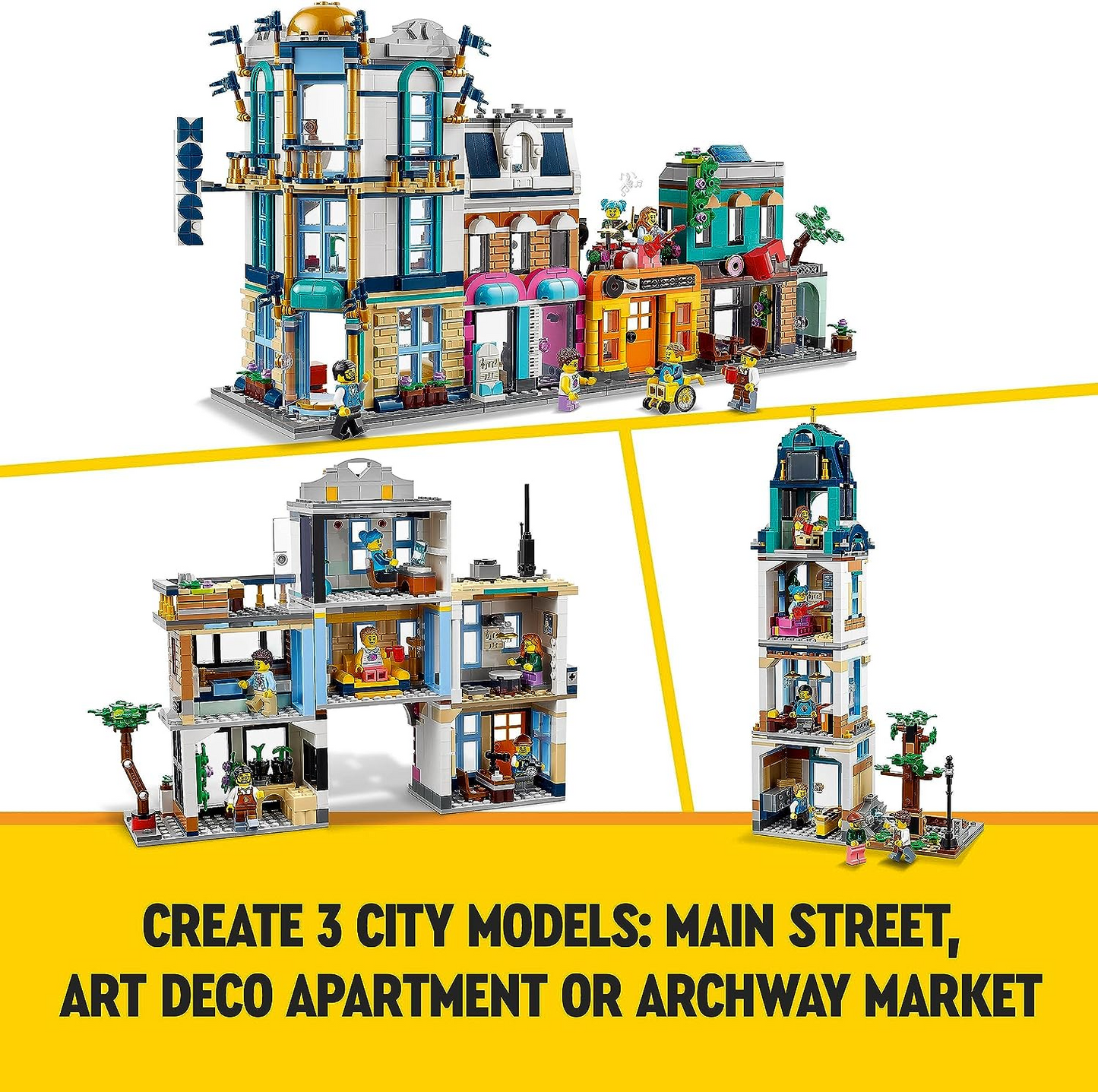 LEGO 31141 Creator 3in1 Main Street para Art Deco Skyscraper ou Market Street Building Set, Building Toy with Model Hotel, Café, Apartments and Shops, Creative Construction Model Kit