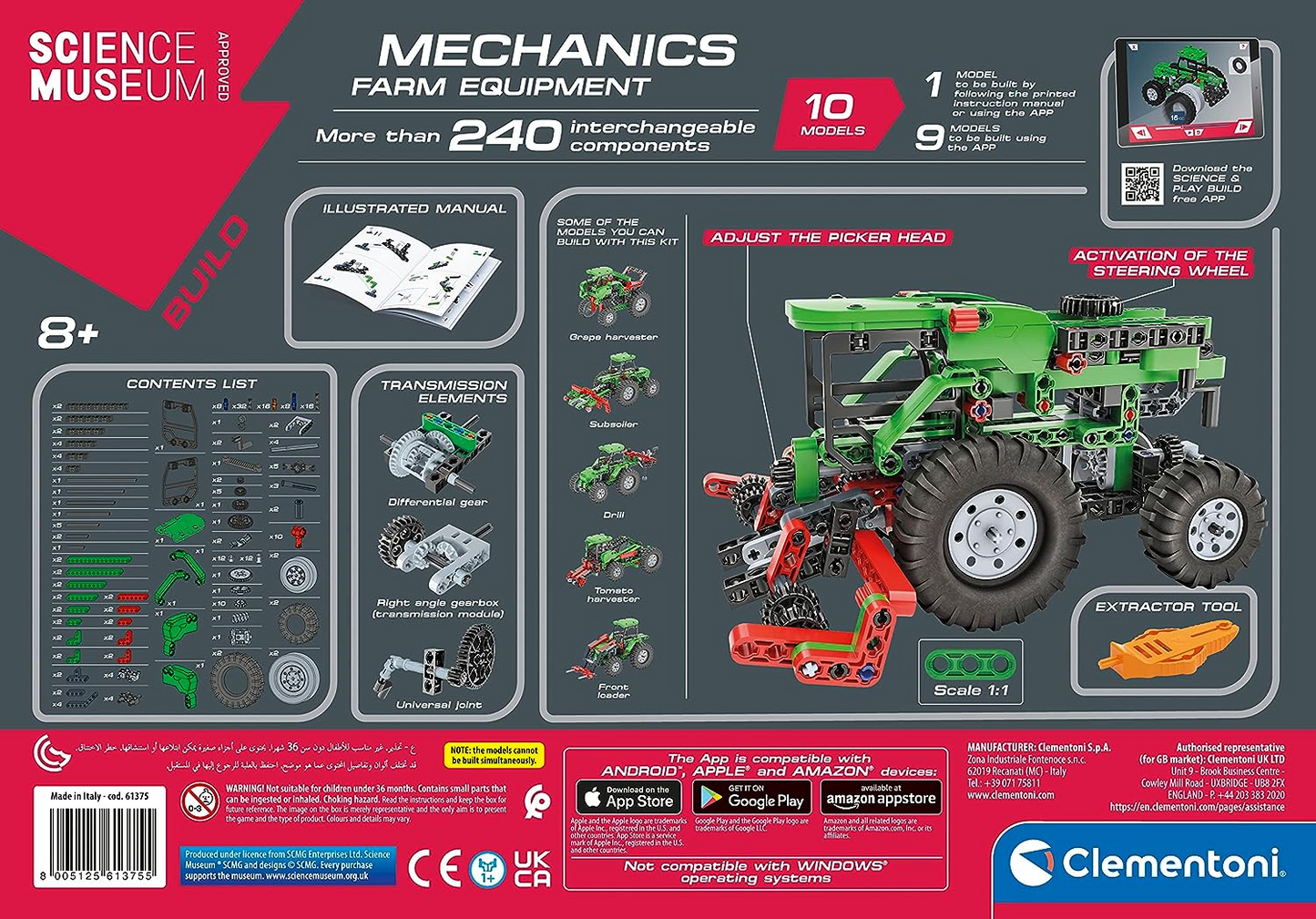 Clementoni 61375 Science Museum Juego de construcción de equipos mecánicos y agrícolas, kit de ciencia para niños a partir de 8 años, juguetes STEM, versión en inglés fabricado en Italia, multicolor