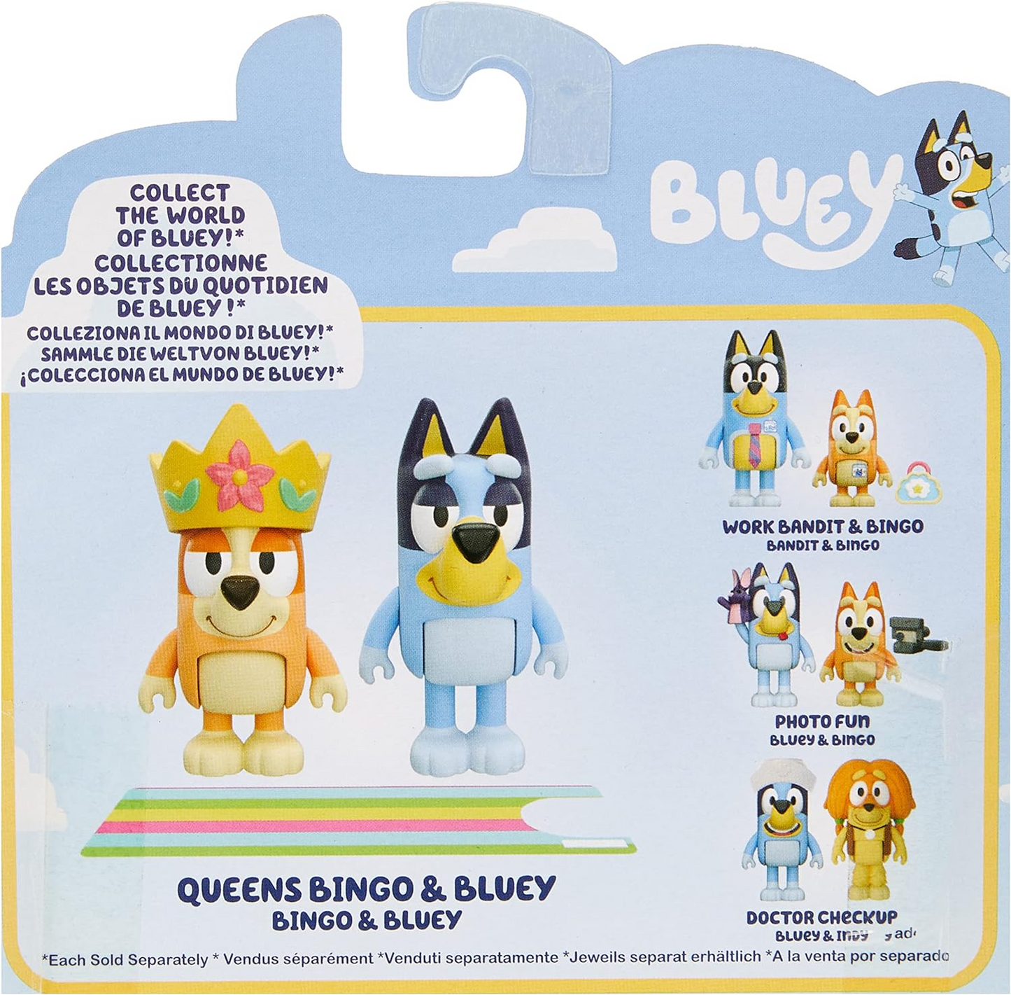 Bluey  Conjunto oficial de personagens colecionáveis do Queens com 2 figuras apresentando Bluey e Bingo com capa Queen Rainbow e acessórios de coroa