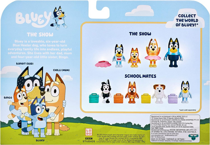 Bluey Pacote de 4 colegas de escola; Figuras de ação colecionáveis oficiais do Bluey de 2,5 a 3 polegadas, incluindo Jack, Pretzel e Mackenzie com seus próprios acessórios para lancheira