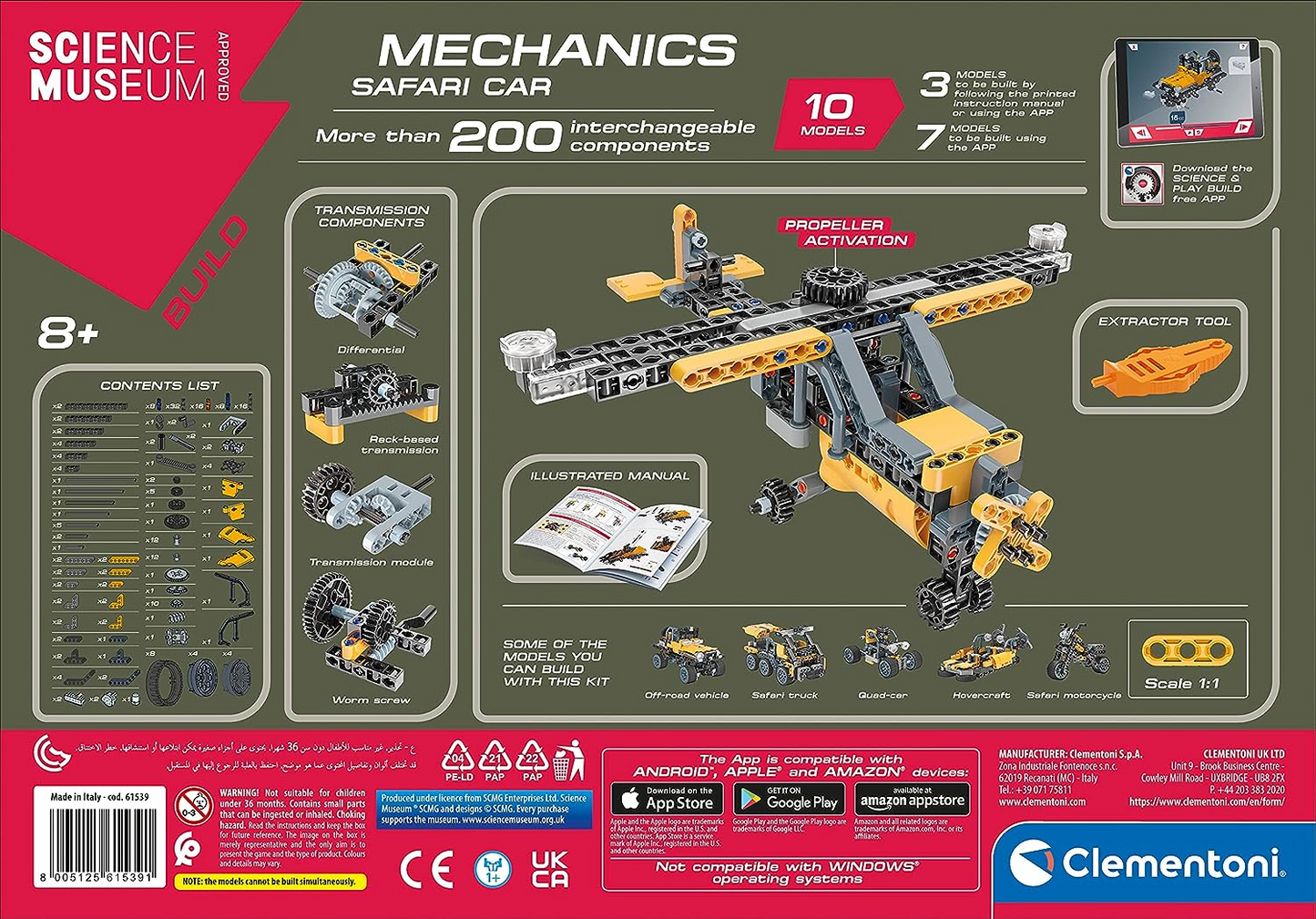 Clementoni 61375 Science Museum Juego de construcción de equipos mecánicos y agrícolas, kit de ciencia para niños a partir de 8 años, juguetes STEM, versión en inglés fabricado en Italia, multicolor