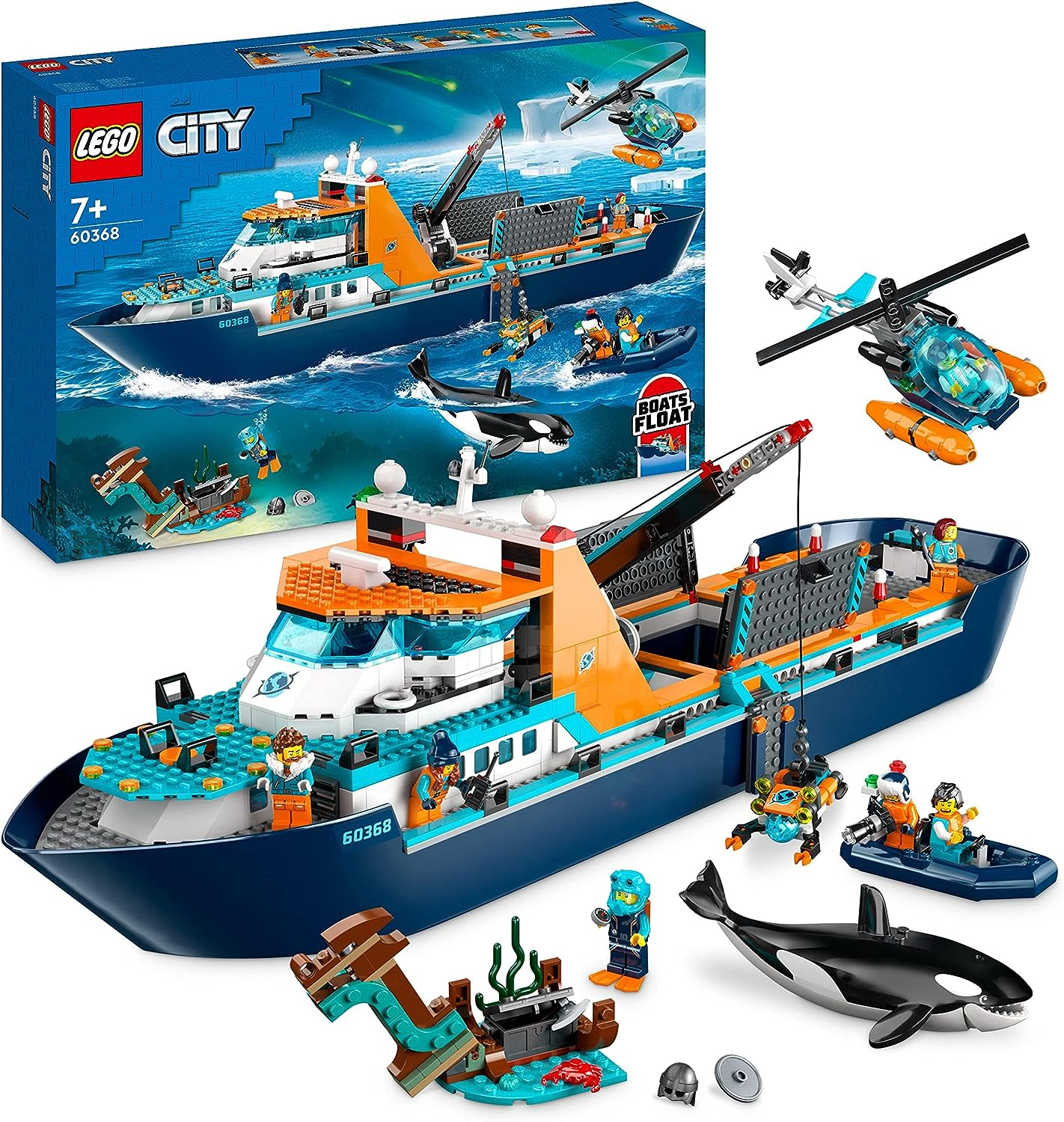 LEGO 60368 City Arctic Explorer Ship, barco de brinquedo grande que flutua com um helicóptero, bote, submarino, naufrágio viking, 7 minifiguras e uma figura de orca, presente para crianças de 7 anos ou mais, meninos, meninas