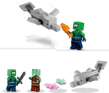 LEGO 21247 Minecraft The Axolotl House Set, base subaquática montável com Diver Explorer, figuras de zumbis e golfinhos e baiacu, brinquedos de aventura para crianças, meninas, meninos com mais de 7 anos