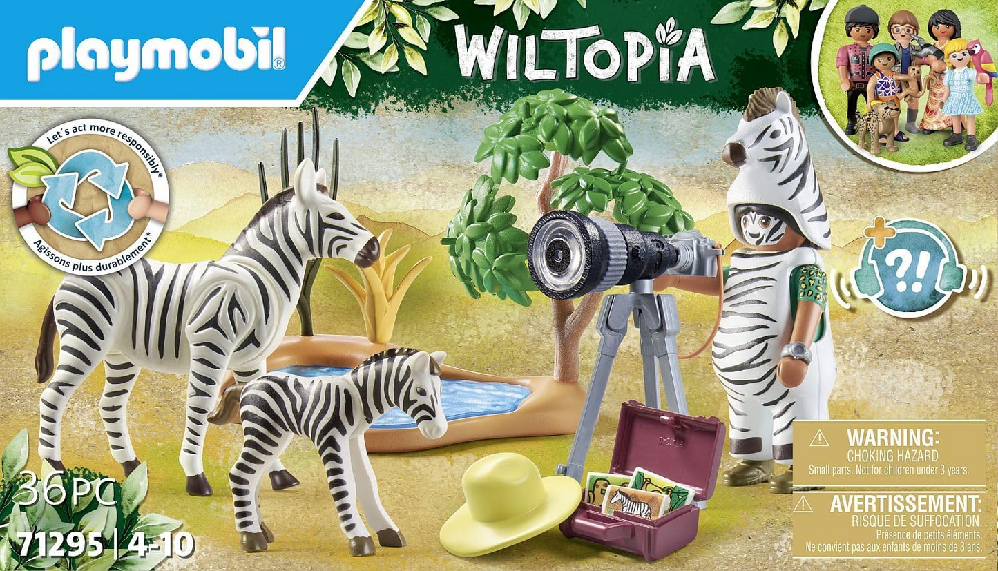 Playmobil 71295 Wiltopia Fotógrafo com Zebras, explorando o reino animal, brinquedo educativo feito de material sustentável, dramatização divertida e imaginativa, conjuntos de jogos adequados para crianças a partir de 4 anos