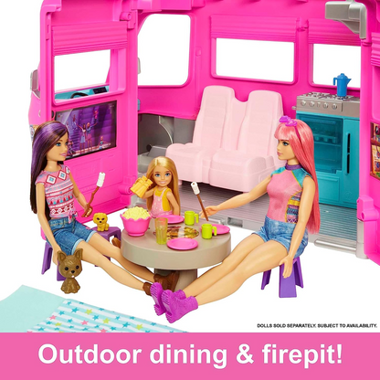 Barbie Camper, juego de muñecas con 60 accesorios, tobogán de 30 pulgadas y 7 áreas de juego, Dream Camper, HCD46