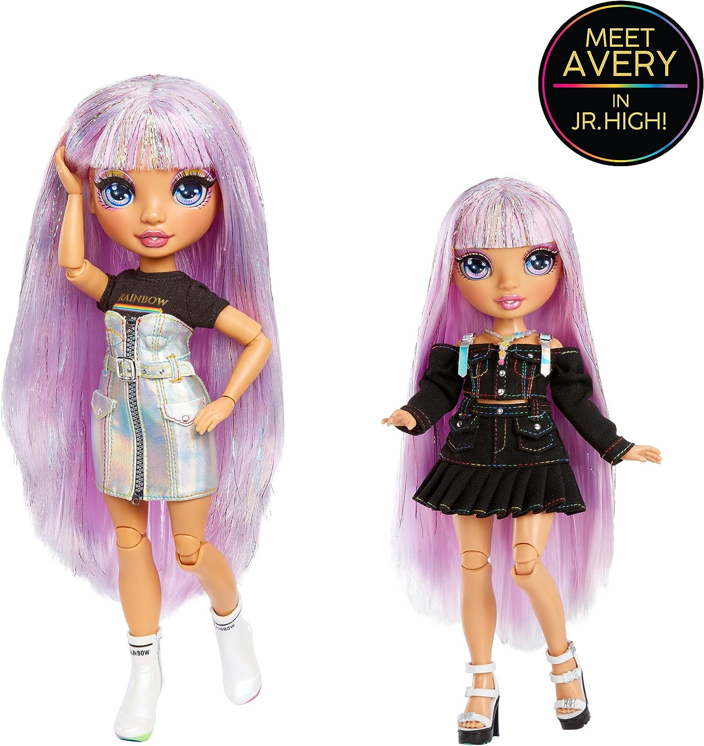 Rainbow Junior High  Edição especial - AVERY STYLES - Boneca fashion ajustável de cabelo arco-íris brilhante de 9"/22,86 cm com acessórios e mochila macia aberta/fechada - Ótimo presente de brinquedo para crianças de 4 a 12 anos