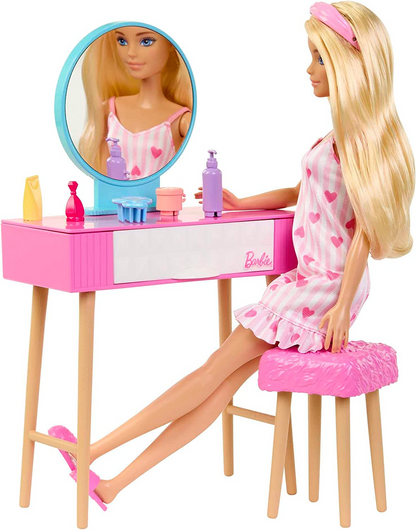 Juego de muñeca y dormitorio Barbie, muebles Barbie y más de 20 accesorios para contar historias, incluidos una bata y un gatito, HPT55