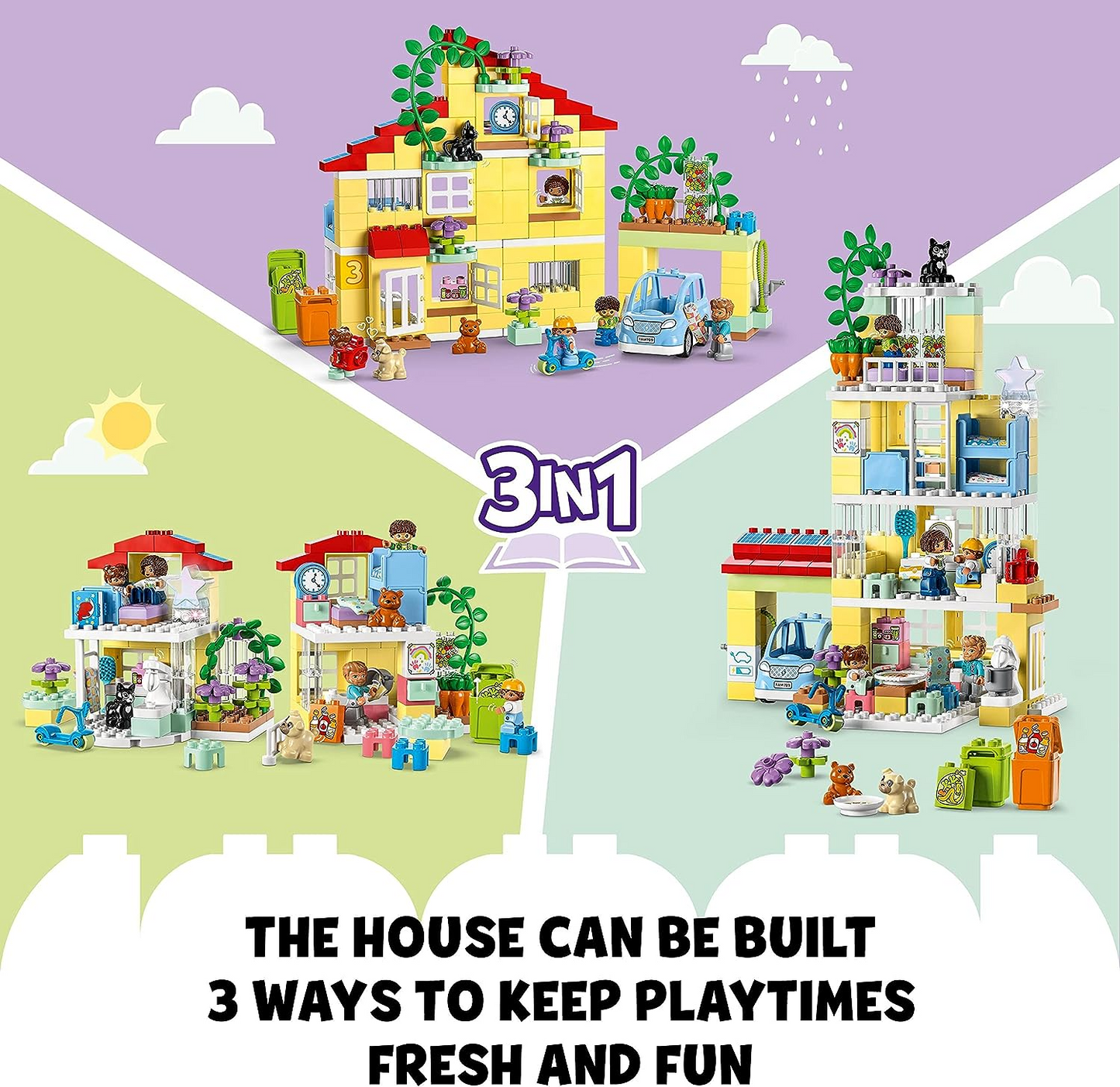 LEGO  10994 DUPLO Town Casa de família 3 em 1, casa de bonecas construída em tijolos com carro Push & Go, 5 figuras, 2 animais e lâmpada de brinquedo iluminada, brinquedos de casinha para crianças, meninas e meninos com mais de 3 anos