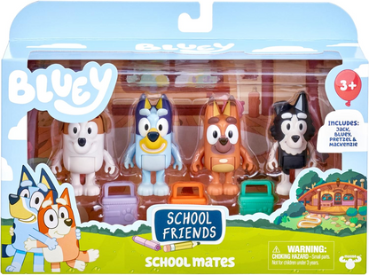 Bluey Pacote de 4 colegas de escola; Figuras de ação colecionáveis oficiais do Bluey de 2,5 a 3 polegadas, incluindo Jack, Pretzel e Mackenzie com seus próprios acessórios para lancheira