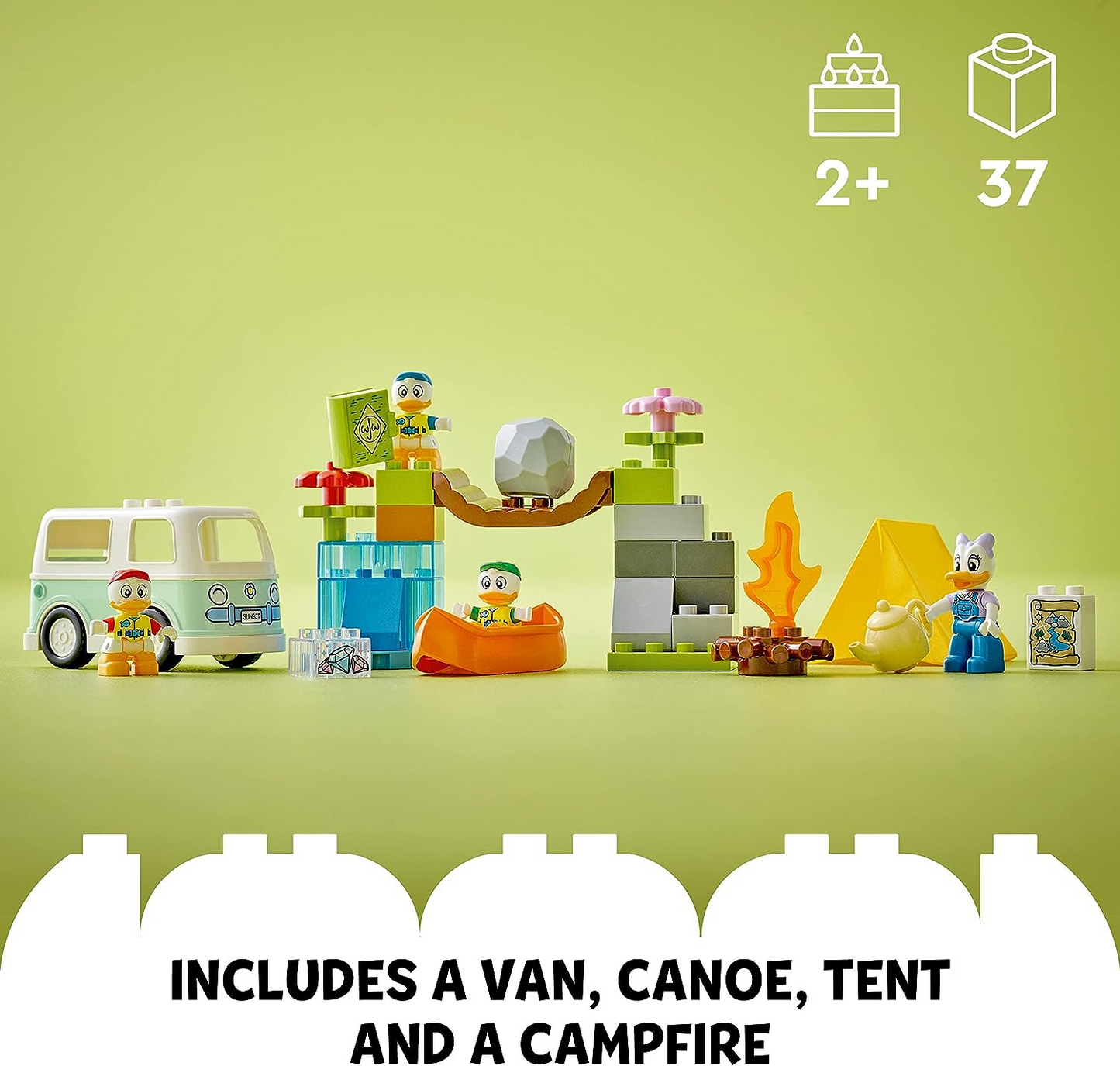 LEGO 10997 DUPLO Disney Mickey e amigos conjunto de aventura de acampamento com brinquedo de carro campervan, canoa e figura de margarida, presente para crianças de 2 anos ou mais, meninas, meninos