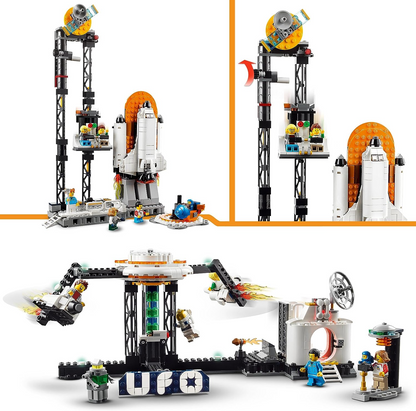 LEGO 31142 Creator 3in1 Space Roller Coaster to Drop Tower ou Merry-Go-Round Set, modelo de parque de diversões, brinquedo de construção com foguete espacial, planetas e tijolos iluminados