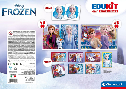 Clementoni - 18292 - Edukit 4 em 1 Disney Frozen (quebra-cabeça de 30 e 48 peças, memorando e seis cubos), quebra-cabeça infantil, jogos de memorando, jogos de cartas para crianças de 4 anos, fabricado na Itália