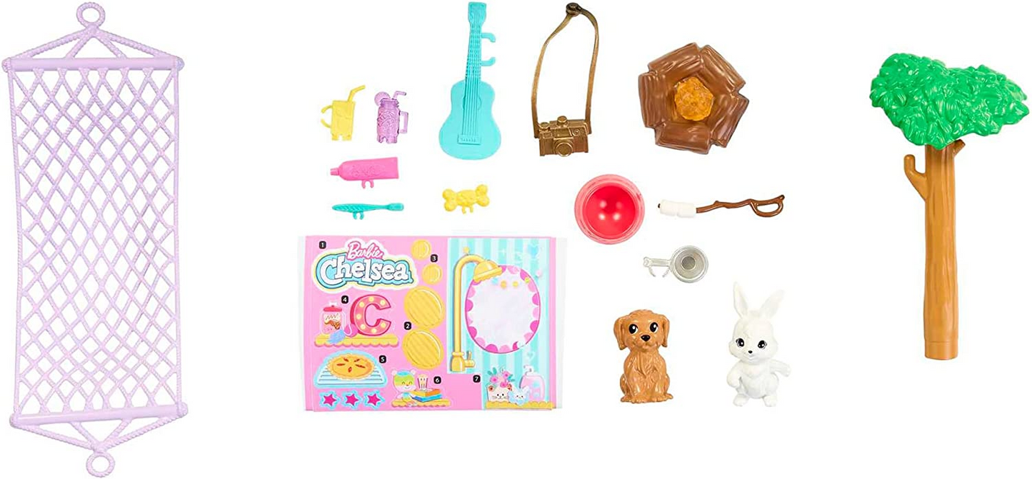 Barbie Camper, Chelsea 2 em 1 Playset com boneca pequena, 2 animais de estimação e 15 acessórios, veículo se transforma em acampamento, HNH90