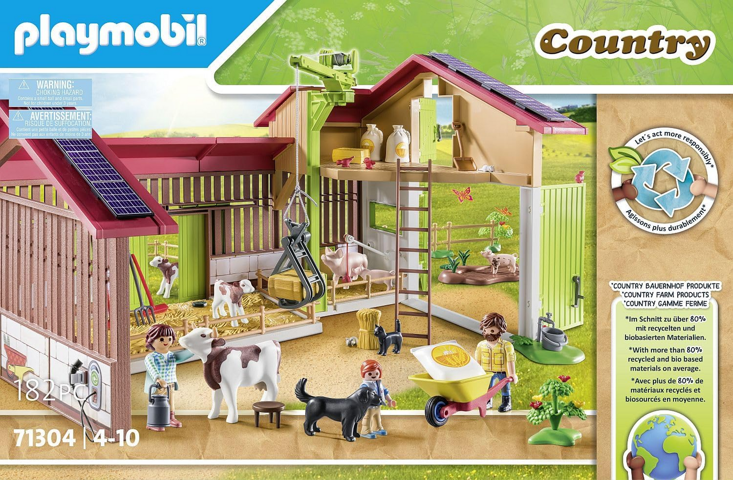 Playmobil 71304 Country Fazenda grande, feita de material sustentável com muitas funções e acessórios, dramatização divertida e imaginativa, conjuntos de jogos adequados para crianças a partir de 4 anos