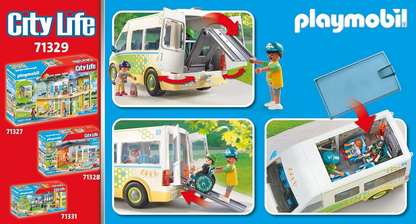 Playmobil 71329 Ônibus escolar City Life, ônibus escolar grande com porta deslizante e rampa dobrável para cadeira de rodas, brinquedo educativo, dramatização divertida e imaginativa, conjuntos de jogos adequados para crianças de 4 anos ou mais