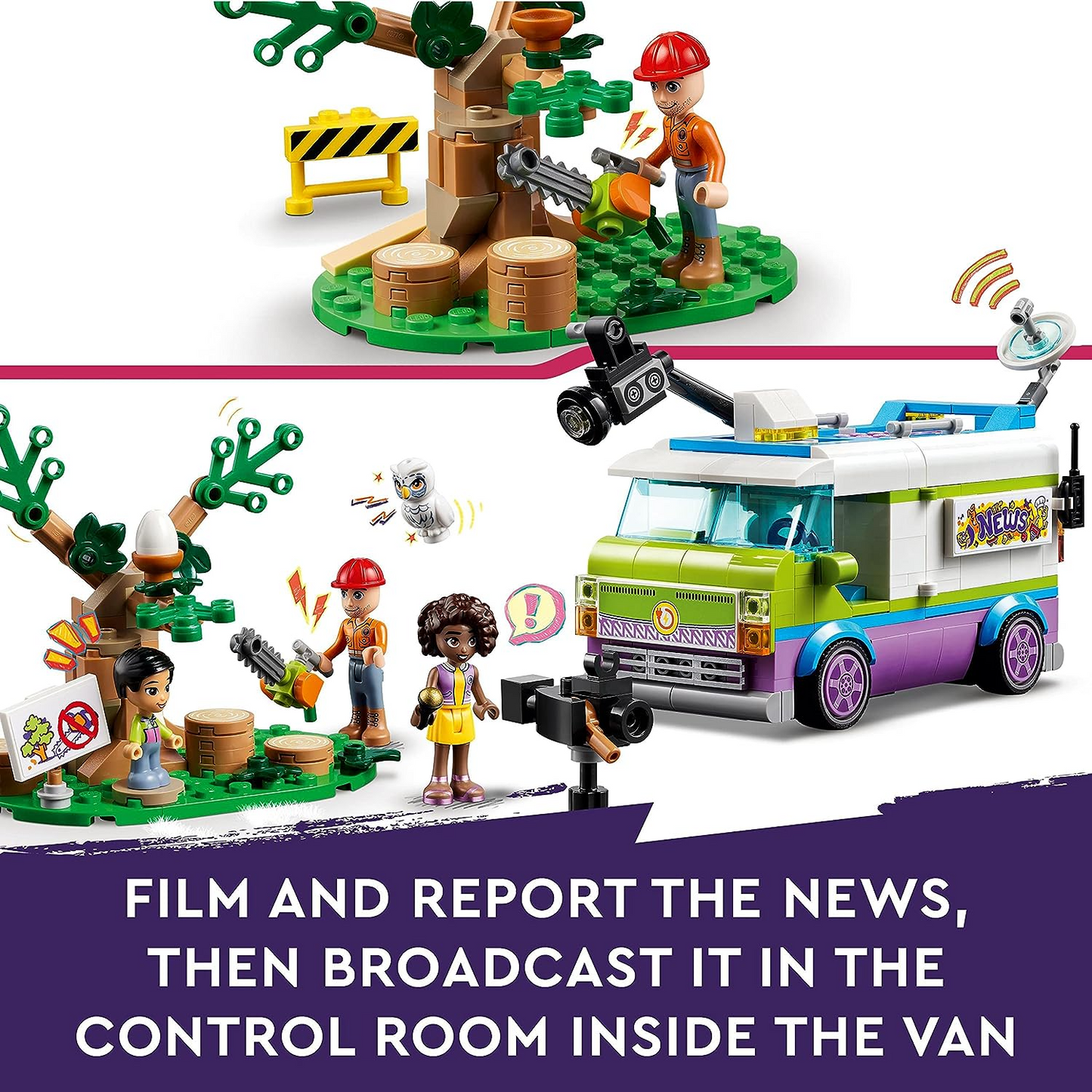 LEGO  41749 Friends Newsroom Van, Animal Rescue Playset, Finja filmar e reportar notícias com caminhão de brinquedo, figura de coruja e miniboneca Aliya, presente para meninas, meninos e crianças de 6 anos ou mais