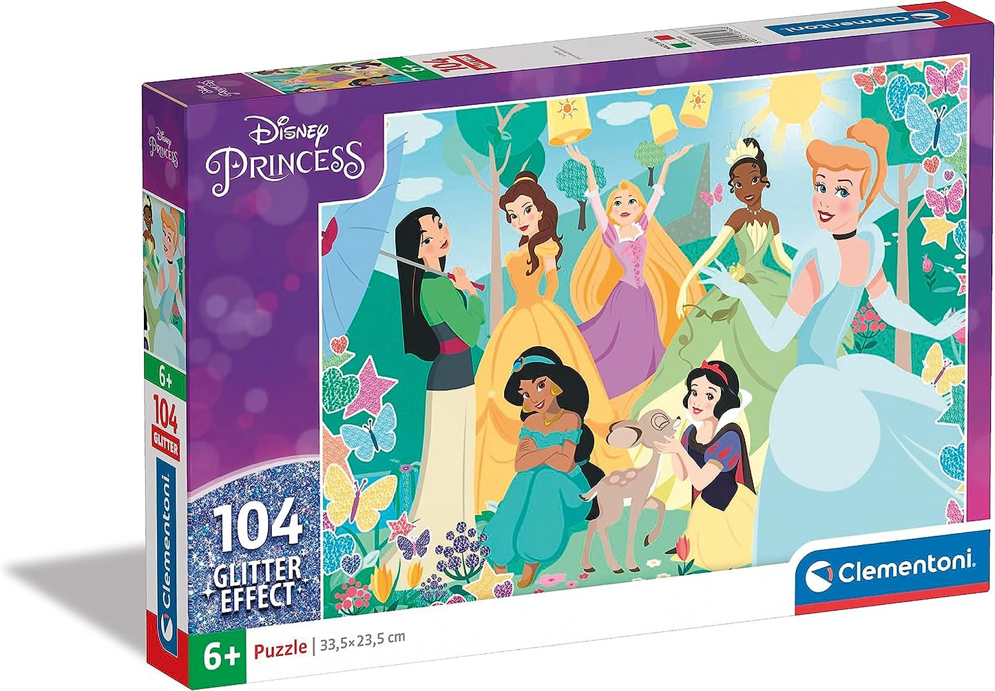 Clementoni 20346 Disney Princess Supercolor Glitter Princess - 104 peças - quebra-cabeça para crianças de 6 anos, multicolorido, médio