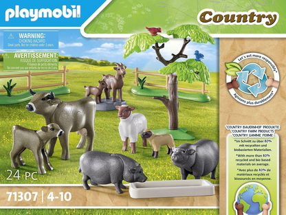 Playmobil  71307 Conjunto de animais rurais com paddock, com animais de fazenda cuidadosamente projetados, como vacas, cabras, ovelhas e porcos barrigudos, dramatizações divertidas e imaginativas, conjuntos de jogos adequados para crianças de 4 anos ou